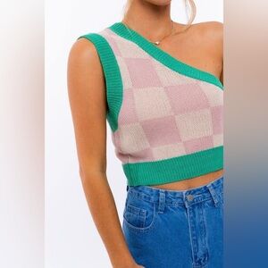 NWT Lelis Collection size M Checkered Out One Shoulder Sweater Top Blush